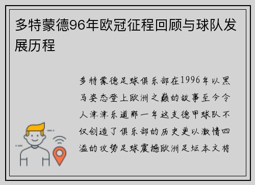 多特蒙德96年欧冠征程回顾与球队发展历程