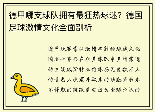 德甲哪支球队拥有最狂热球迷？德国足球激情文化全面剖析